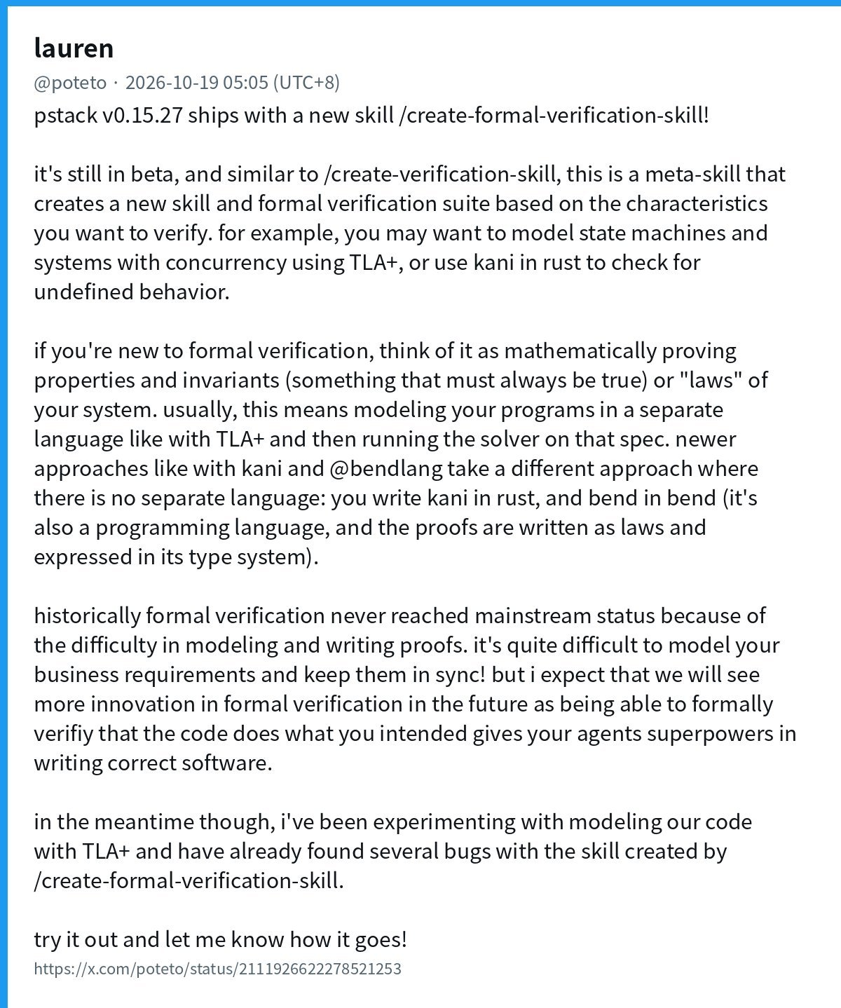 poteto announces /create-formal-verification-skill