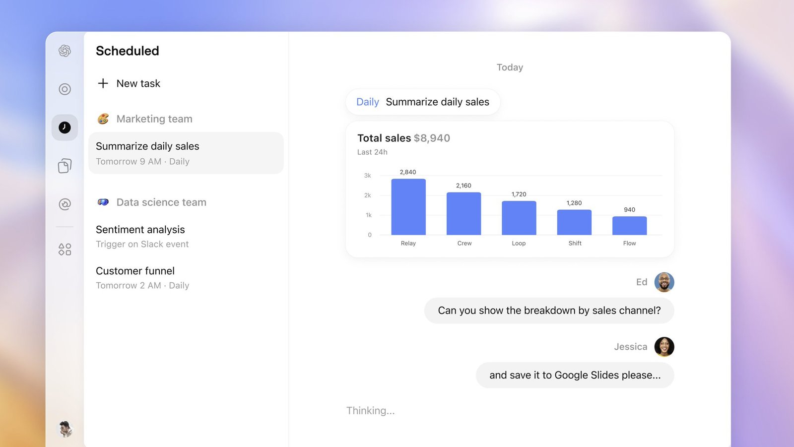 ChatGPT team tasks UI