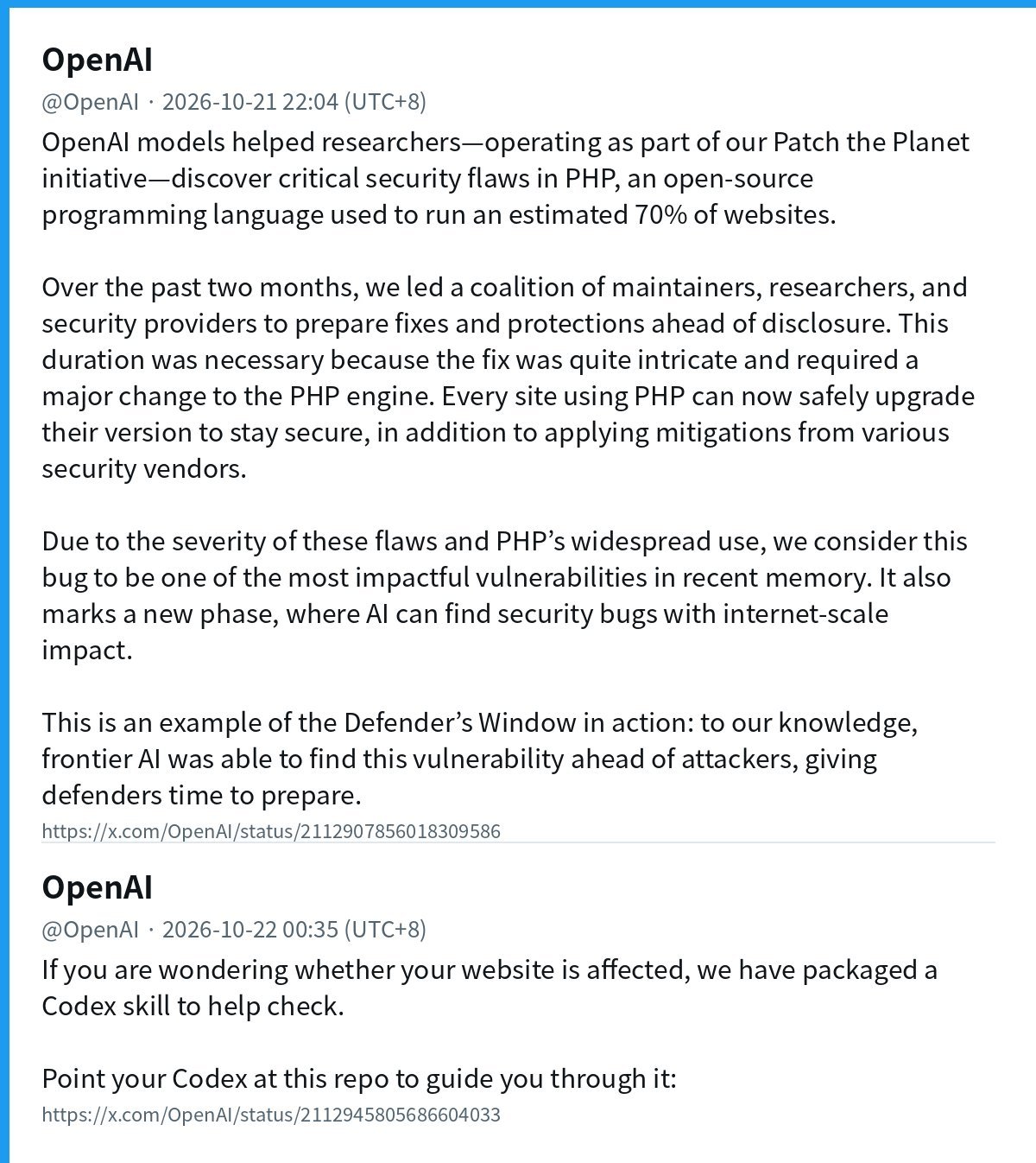 OpenAI 关于 PHP 漏洞与 Codex 检查 skill 的推文